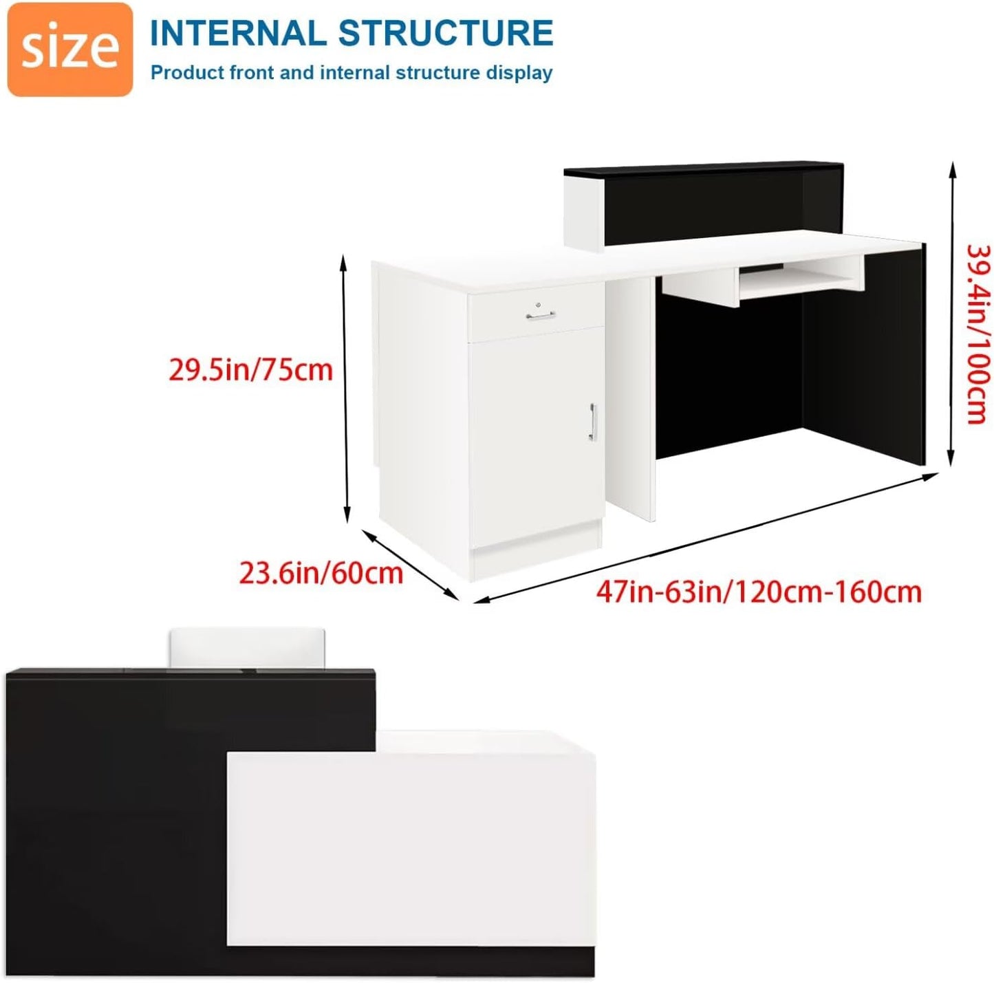 Reception Desk with Counter Modern Checkout Counter with Lockable Drawer Keyboard Tray Receptionist Desk for Office Salon Reception Table R Right 47inch/120cm