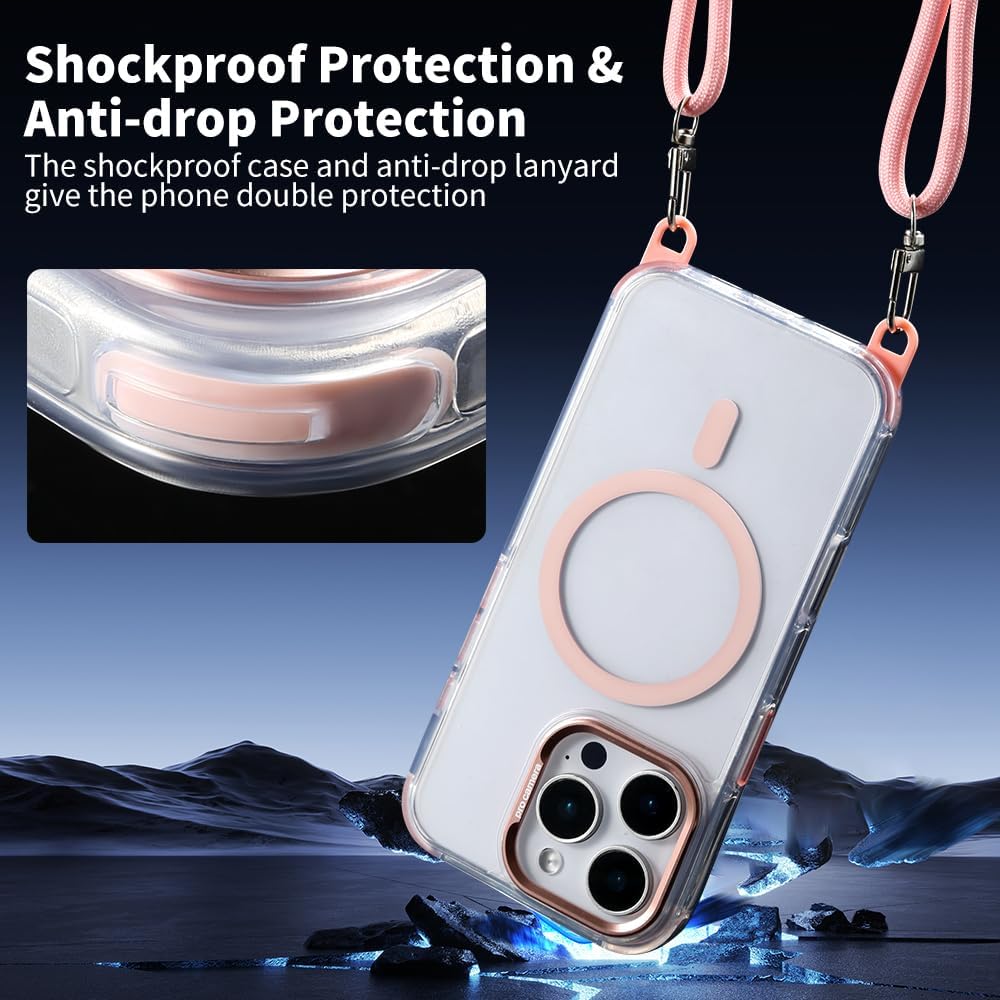 for iPhone 16 Pro Max Case with 62.99 inch Lanyard, Classic Clear&Pink Magnetic Phone Case, Drop&Shockproof Protection Cases, Phone Holder Lanyard, Compatible with Magnet Accessory