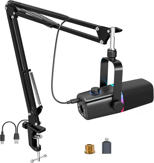 ZealSound XLR/USB Dynamic Microphone for Gaming Podcast,Mic for iPhone Phone PC Computer Gaming Streaming Microphone with RGB Light,Mute Button,Mic Gain,Headphones Jack,Boom Arm Stand,Singing YouTube