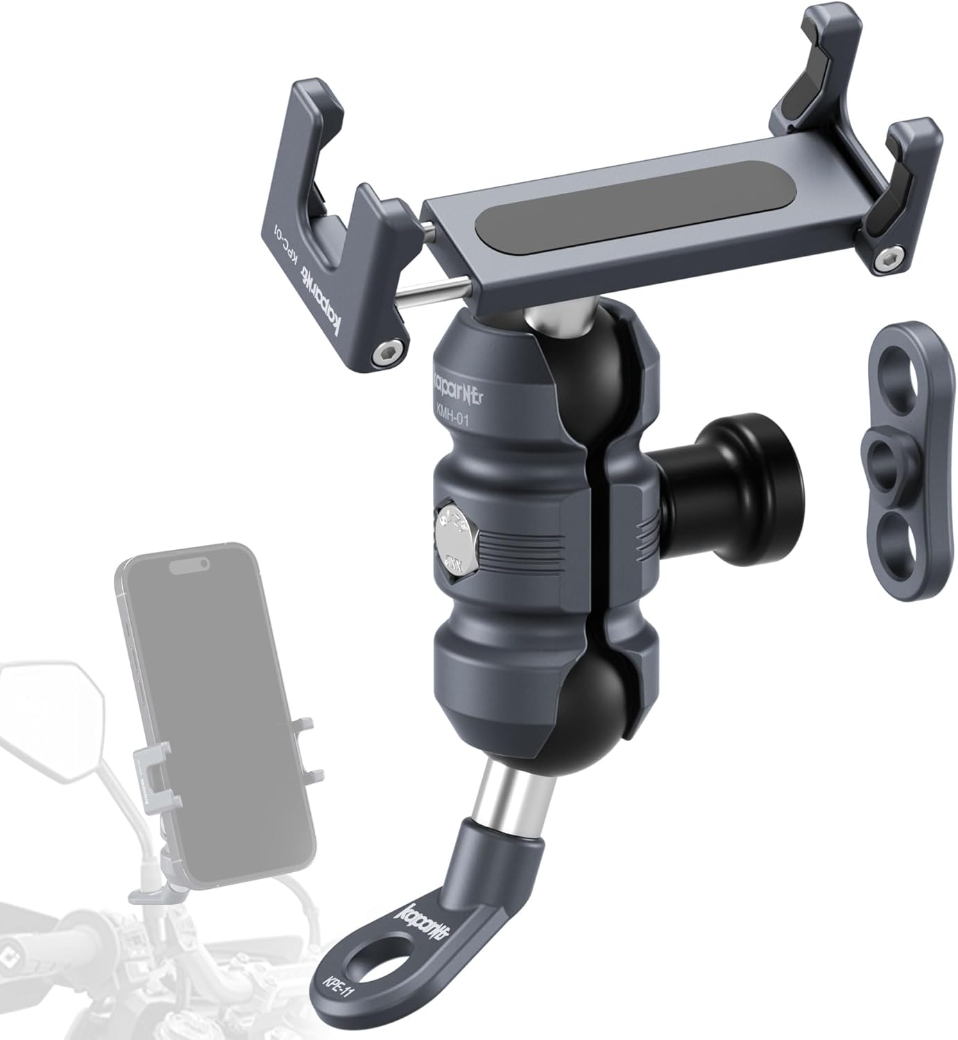 Motorcycle Phone Clip Kit, Anti-Theft Double Socket Arm/Angled Bolt-Head Adapter Ball Base for Mirrors Lever or Round Bar, Suitable for Width of 2.56-3.74" Phone (KPS-04)"