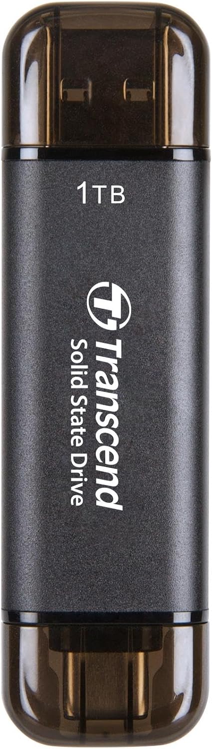 Transcend 1TB External SSD, Up to 1,050MB/s, Dual USB Hard Drive for Tesla, iPhone15,16&iPad&Mac, Steam Deck/ROG Ally/MSI Claw/Windows/Android/PS5/Smart TV, 2-in-1 Type C &A, USB 3.2 Gen2 Portable SSD