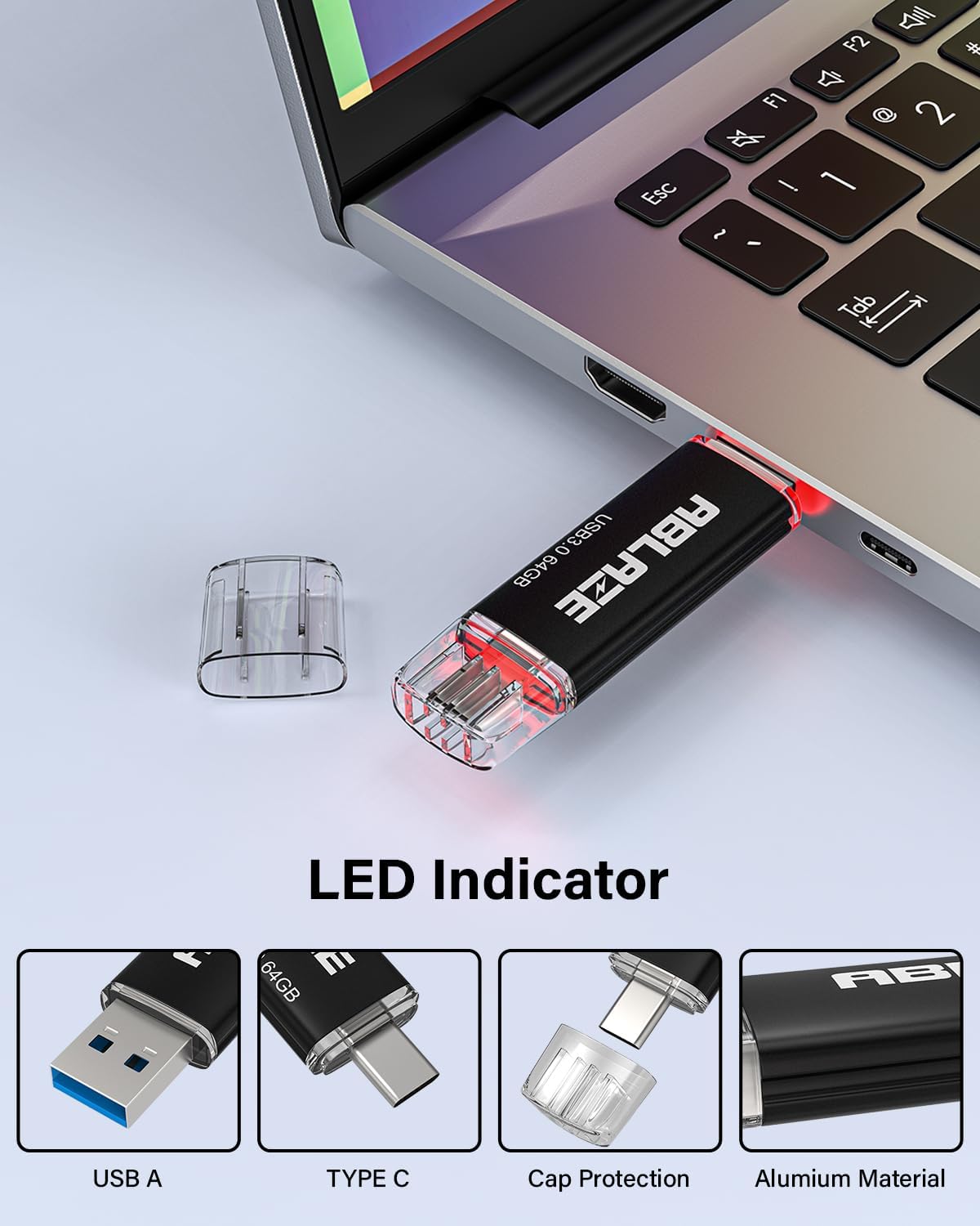 ABLAZE Type C Flash Drive 64GB, Dual USB 3.0+ USB C Flash Drive Compatible with iPhone 16/15,Android Smartphone,Computer,Tablet Mac Laptop