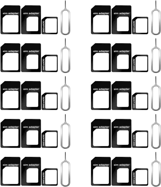10 Pack SIM Card Adapter Kit, 4 in 1 Nano Micro Standard Converter Kit with Steel SIM Tray Eject Pin 1, Black