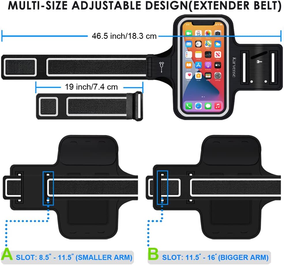 Phone Holder for Running, Karvense Phone Arm Bands for Running Exercise Workout Jogging, for iPhone 13 mini/12 mini/11 Pro/SE/XS/8/7, Samsung Galaxy, Moto, Cell Phones up to 5.4'', Sweat-Proof Armband