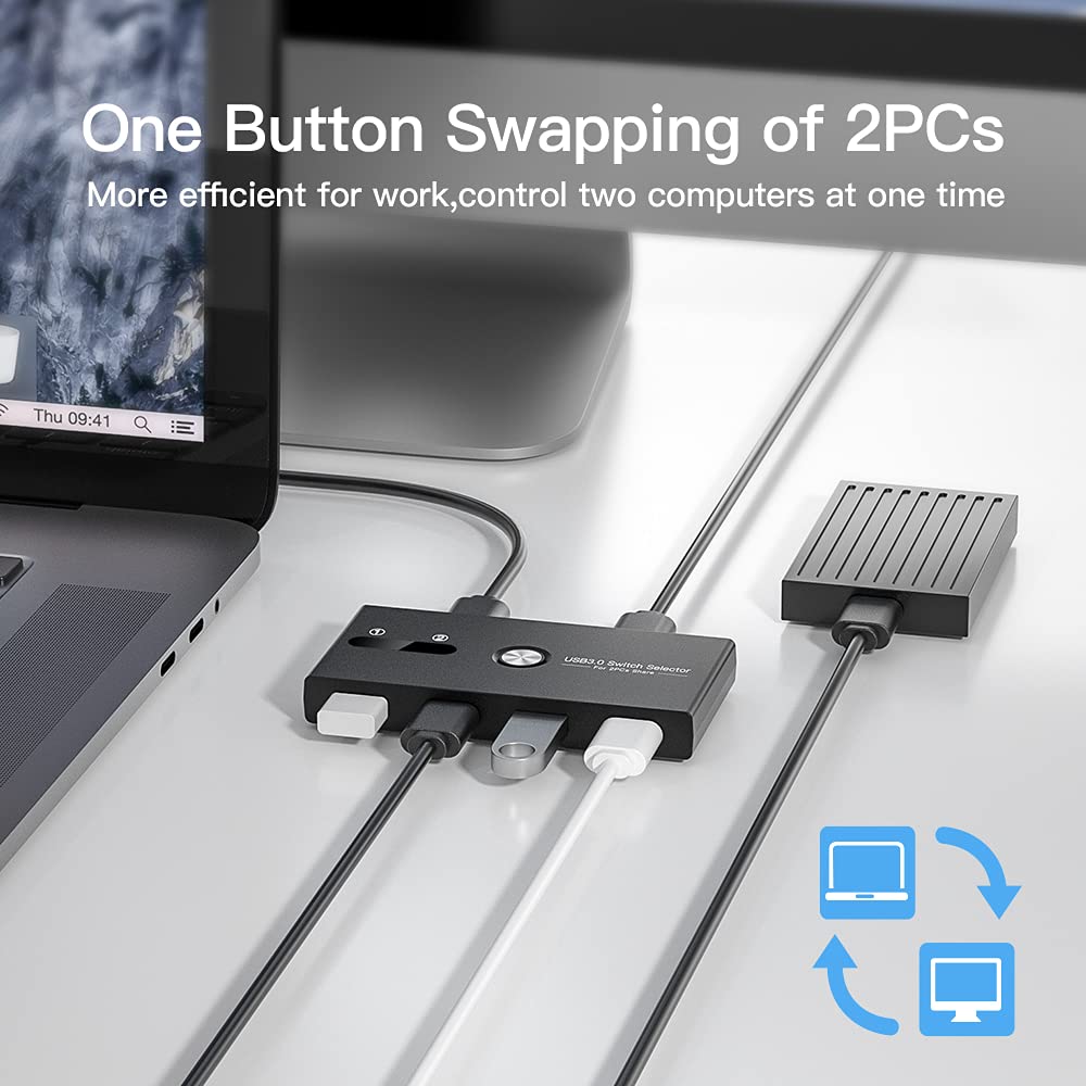 USB Switch, USB 3.0 Switcher 2 Computers Share 4 USB for PC Mouse Keyboard Printer Scanner, USB KVM Switch Selector Compatible with Windows, Mac, Linux