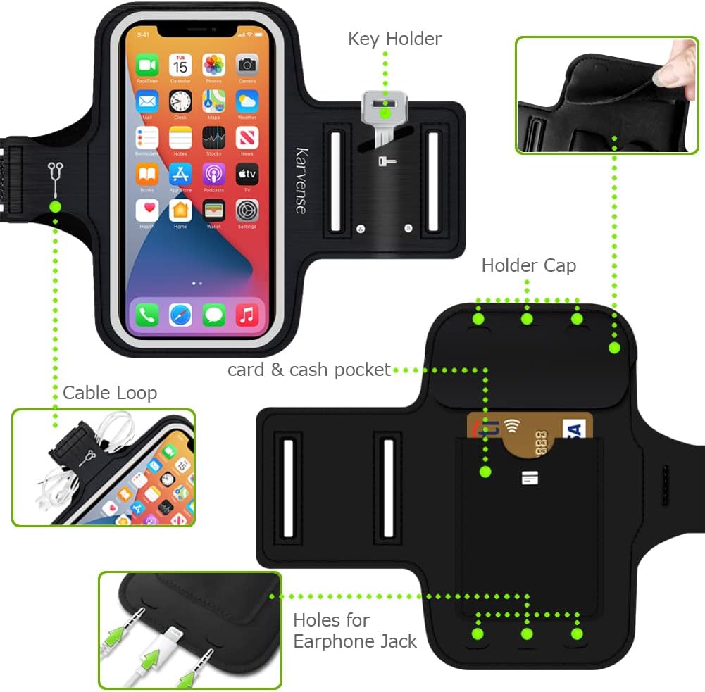 Phone Holder for Running, Karvense Phone Arm Bands for Running Exercise Workout Jogging, Cell Phones Armband for iPhone 16 Pro/16/16e/15 Pro/15/14 Pro/14/13 Pro/13/12, Samsung Galaxy S/A, to 6.3''