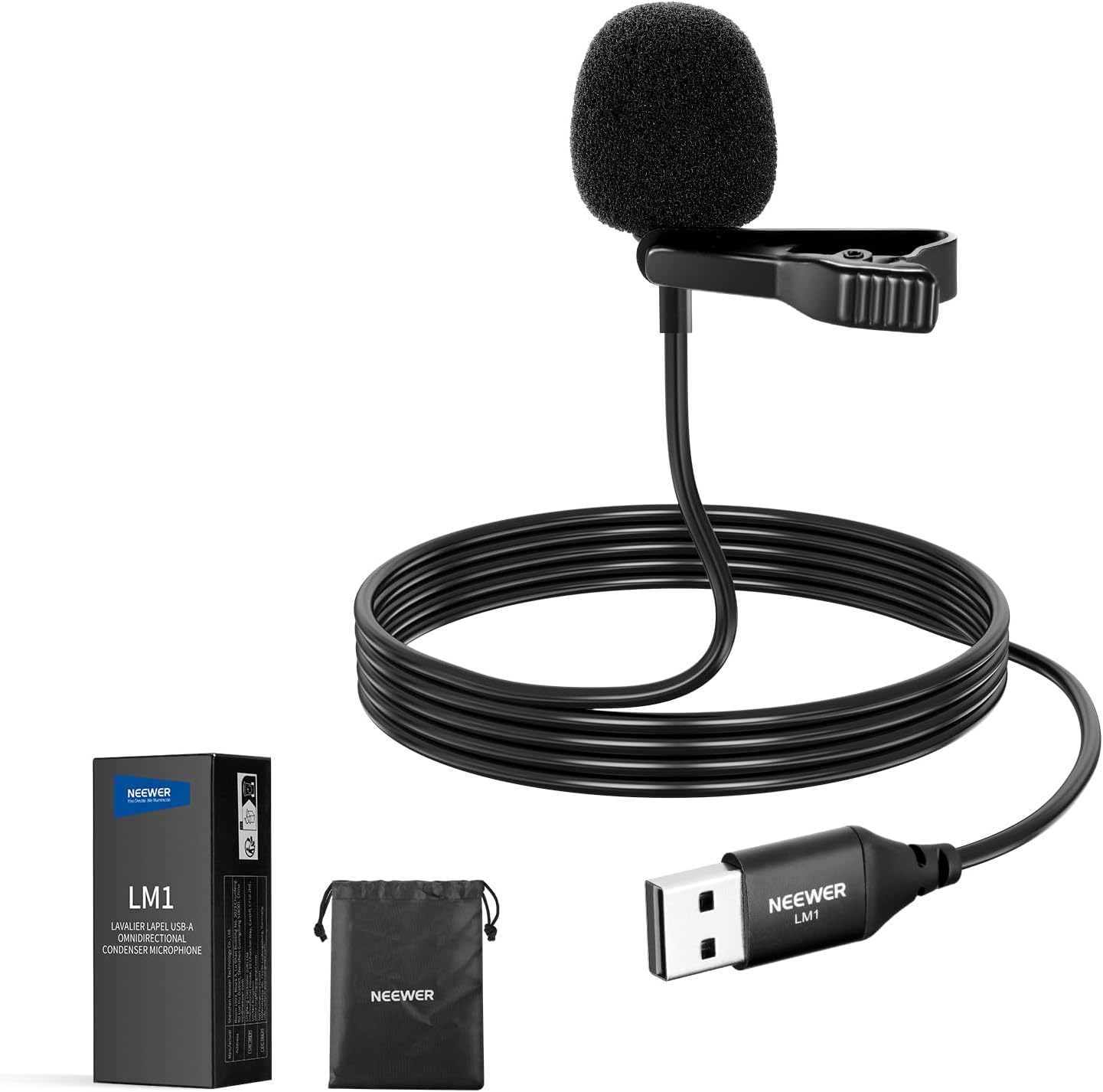 NEEWER USB A Lapel Microphone, Plug & Play Mini Omnidirectional Clip On Lavalier Mic 2m Cable for USB 2.0 Mac Windows PC Laptop Computer YouTube Skype Podcast Gaming Vlog Video Conferencing, LM1