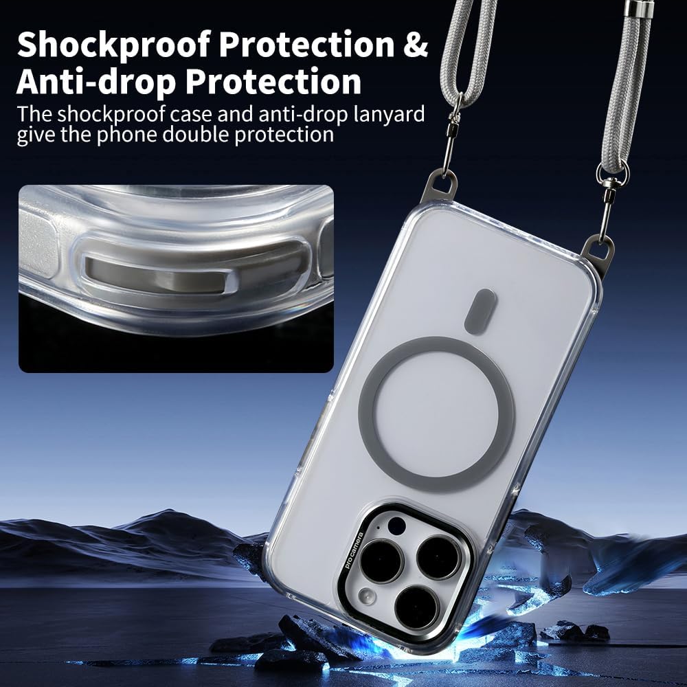 for iPhone 15 Pro Max Case with 62.99 inch Lanyard, Classic Clear&Gray Magnetic Phone Case, Drop&Shockproof Protection Cases, Phone Holder Lanyard, Compatible with Magnet Accessory