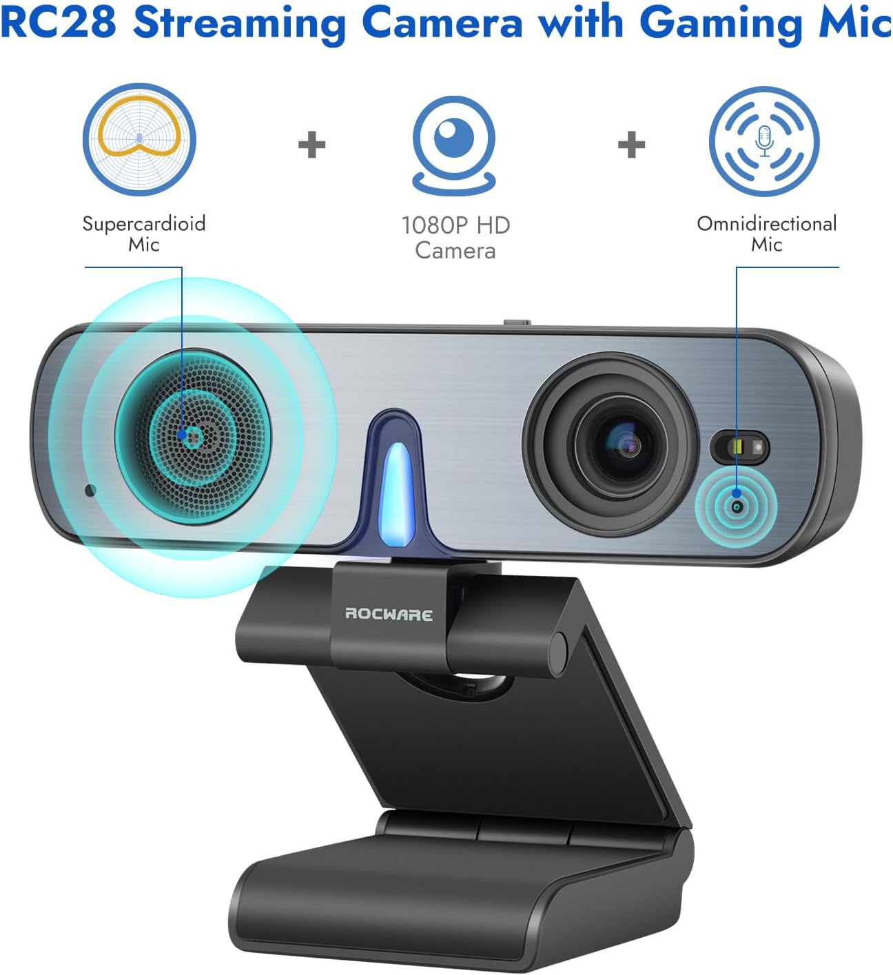 ROCWARE RC28 Webcam with Cardioid & Omnidirectional Microphone | HiFi Mode for Studio-Quality Audio, AI Noise Cancellation & Raw Audio Modes | 1080P 60FPS Web Cam for Streaming/Meetings/Beginners