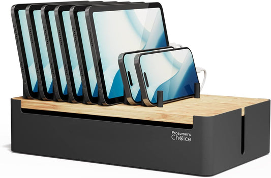 Prosumer's Choice Black Wooden Charging Station Organizer for Multiple Devices - Cable Management Box with 5 Slots and Removable Dividers - Charger Organizer for Phone, Tablet, Home, Office, 12"x6""x7"""
