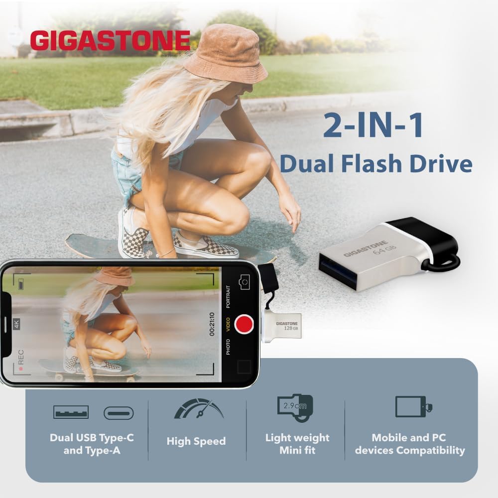 GIGASTONE 64GB Nano Luxus Dual Drive, Z50 USB 3.2 Gen 1, 2-in-1 USB-A & Type-C, 100MB/s Ultra Fast, Cap Design, Metal, Plug & Play for Smartphone/PC/Mac/TV/Car, 2.0/3.0/3.1 Compatible