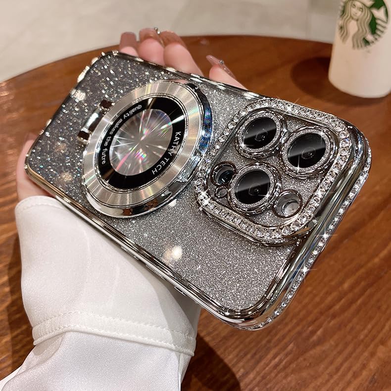Magnetic Kickstand (Glitter Lens Protector ) Case for iPhone 15 14 13 12 Pro Max (Compatible with Magsafe ) Sparkling Diamond Cover Glitter Shiny Rhinestone Cases (Silver,for iPhone 12 Pro Max)