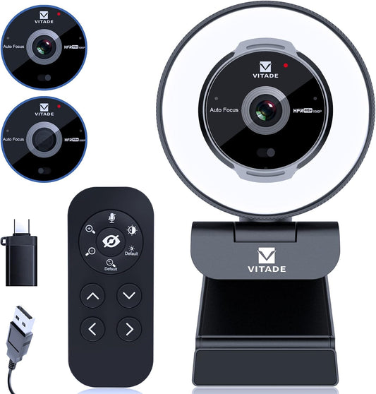 Zoomable Webcam with Remote Control, 1080P 60FPS Streaming with Ring Light and Microphone, Pro USB Webcam with 5X Digital Zoom and Privacy Cover for Zoom/Skype/Teams/PC/Laptop/Mac