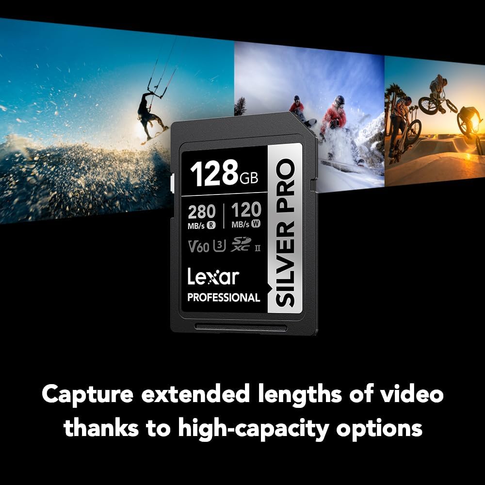 Lexar 128GB Professional SILVER PRO SD Card, UHS-II, C10, U3, V60, Full HD, 4K, Up To 280MB/s Read SDXC Memory Card, for Professional Photographer, Videographer, Enthusiast (LSDSIPR128G-BNNNU)