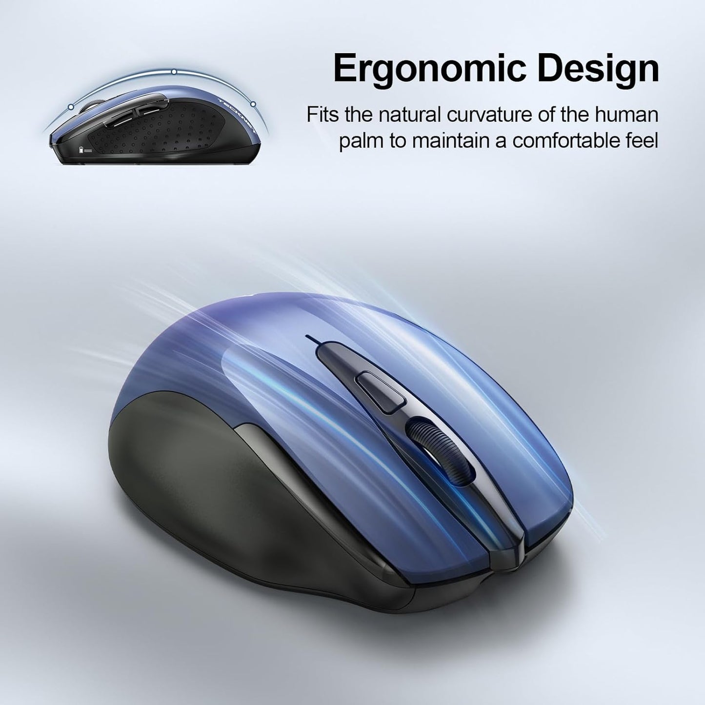 TECKNET Rechargeable Wireless Mouse, 2.4G Silent Mouse, Quiet Click, 6 Adjustable 4800 DPI, Cordless Computer Mice, Ergonomic Mice for Laptop, 6 Buttons USB-A for Chromebook, Ergo Grip - Blue