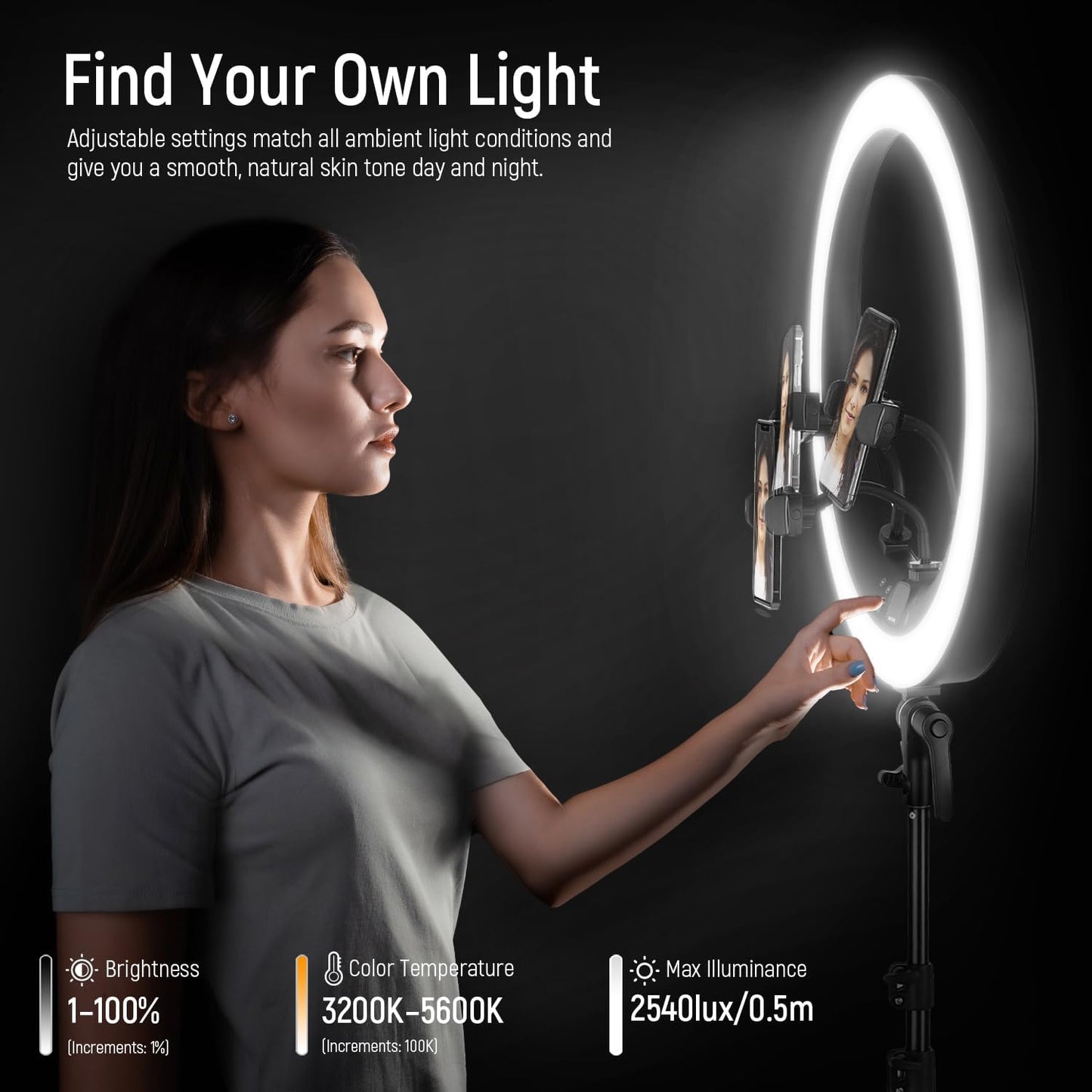 NEEWER Ring Light RP19H 19 Inch with Tripod Stand 3 Phone Holders Compatible with iPhone, Upgraded 2.4G Touch Control Ringlight for Video Recording Streaming Home Office Zoom Selfie Makeup Lighting