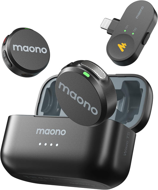 MAONO Wireless Lavalier Microphone for iPhone 14 and Below, MFi Certified Lightning Plug, 48KHz 24Bit, 1000ft Range, Voice Filter, Noise Cancellation, 30H Use for Video Recording, Streaming - Wave T5