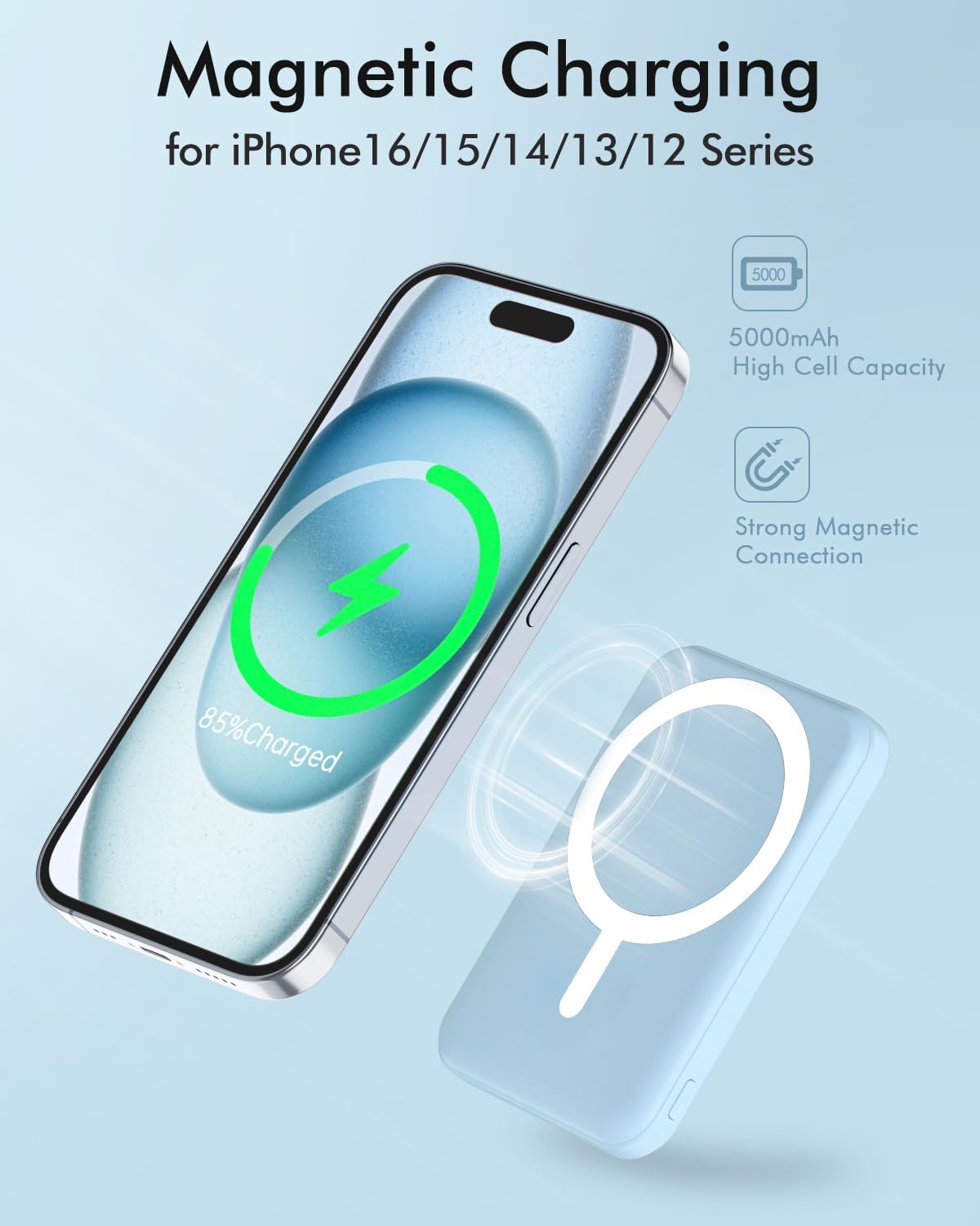 podoru for Magsafe Battery Pack, 5000mAh Magnetic Power Bank with Type-C Cable 20W PD Fast Charging Lighting Input Wireless Portable Charger for iPhone 16/15/14/13/12/ All Series-Sierra Blue