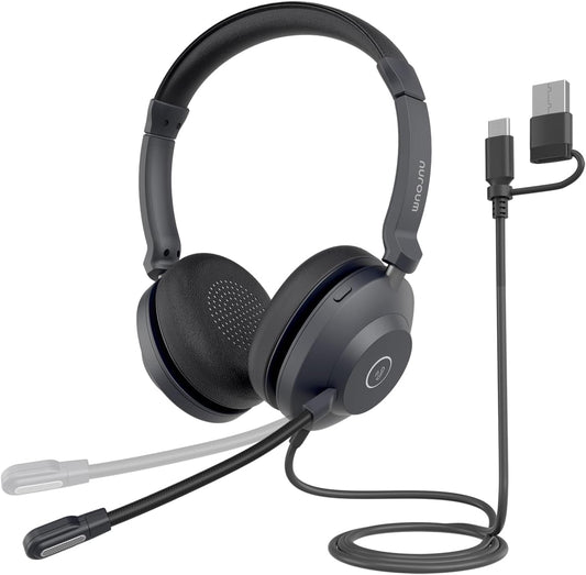 NUROUM HP21 USB Headset with Microphone for PC, AI Noise Cancelling Mic for Work, Wired Headset for Call Center/Office, Mute Button, USB-A/Type-C for Computer/Laptop/Desktop, Compatible w/Zoom/Teams