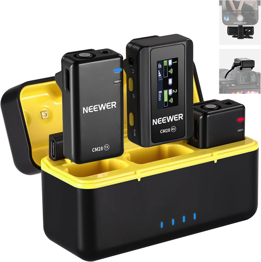 NEEWER CM28 Wireless Lavalier Microphone System with Charging Case Noise Canceling 4GB Storage 9Hrs Recording 48KHz 16 Bit Uncompressed Audio Lapel Mic Compatible with iPhone iPad Android PC Camera