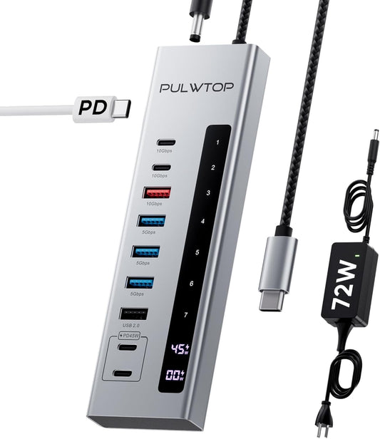 Powered USB C Hub, 10-in-1 USB 3.2 Data Hub with 3 x USB A/C 10Gbps, 3 x USBA 5Gbps, USB A 2.0, 100W PD-in, 2 x 24/45W Type-C Charging Ports (72W Adapter Included)