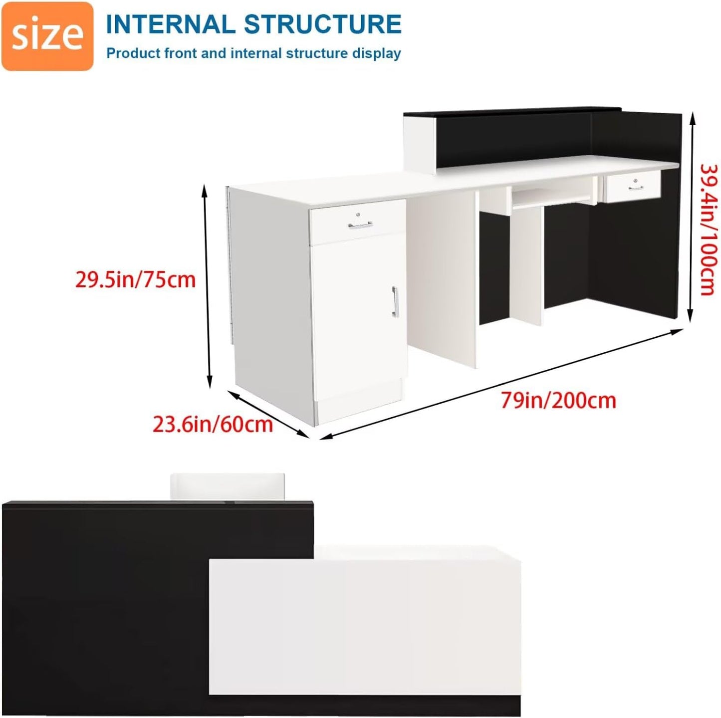 Reception Desk with Counter Modern Checkout Counter with Lockable Drawer Keyboard Tray Receptionist Desk for Office Salon Reception Table O Right 79inch/200cm