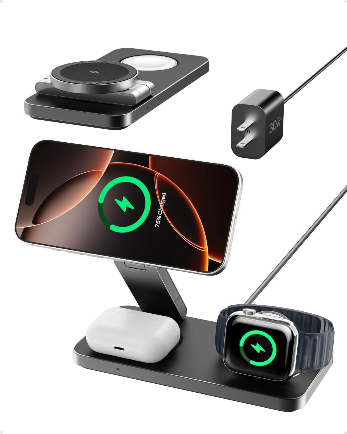 Intoval 3-in-1 Foldable Wireless Charging Station, Qi2 Certified 15W Ultra Fast Wireless Charger for Magsafe, Magnetic Charger Stand for iPhone 16/15/14/13/12, Apple Watch & AirPods. (Black)