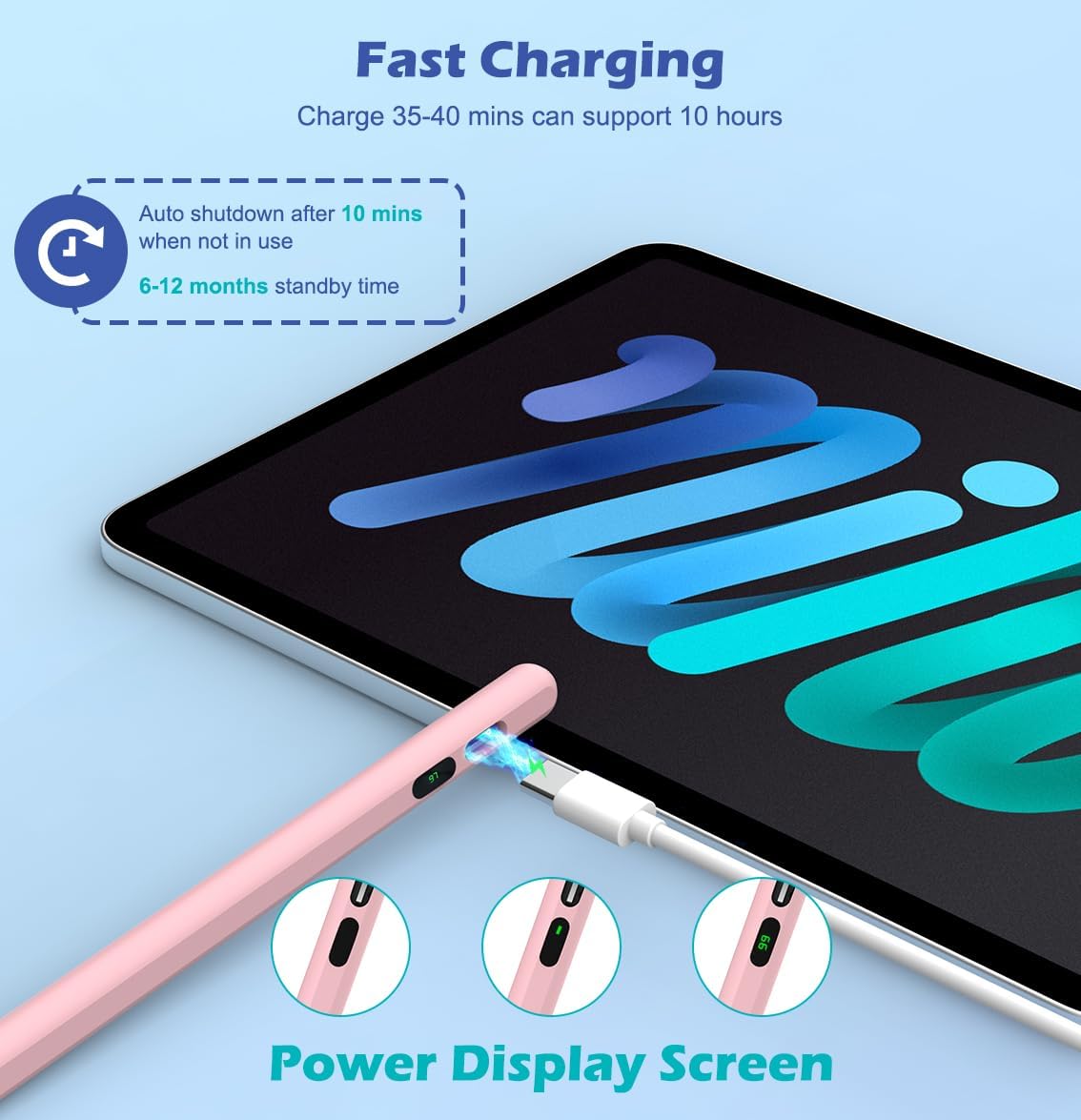 MoKo Stylus Pens for Touch Screens, Fast Charge Stylus Pen for Apple iPad/iPhone/Samsung/Lenovo/iOS/Android Tablets&Smart Phone Universal Stylus Capacitive Screen Pencil with Power Display, Pink