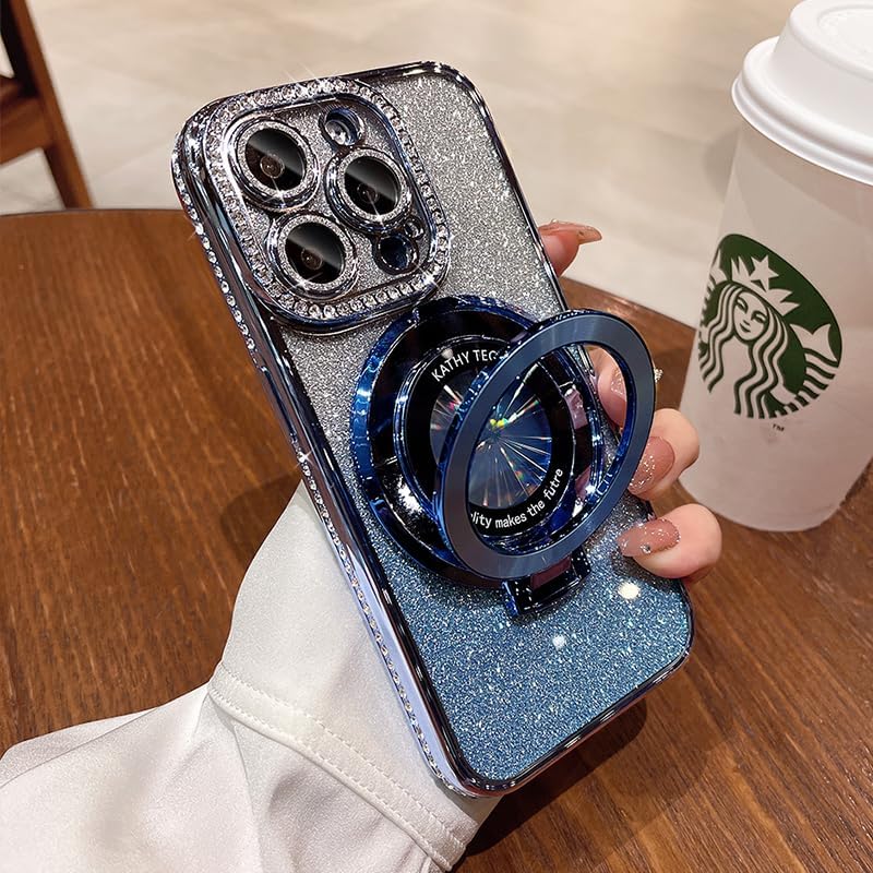 Magnetic Kickstand (Glitter Lens Protector ) Case for iPhone 16 15 14 13 Pro Max (Compatible with Magsafe ) Sparkling Diamond Cover Glitter Shiny Rhinestone Cases (Blue,for iPhone 16)