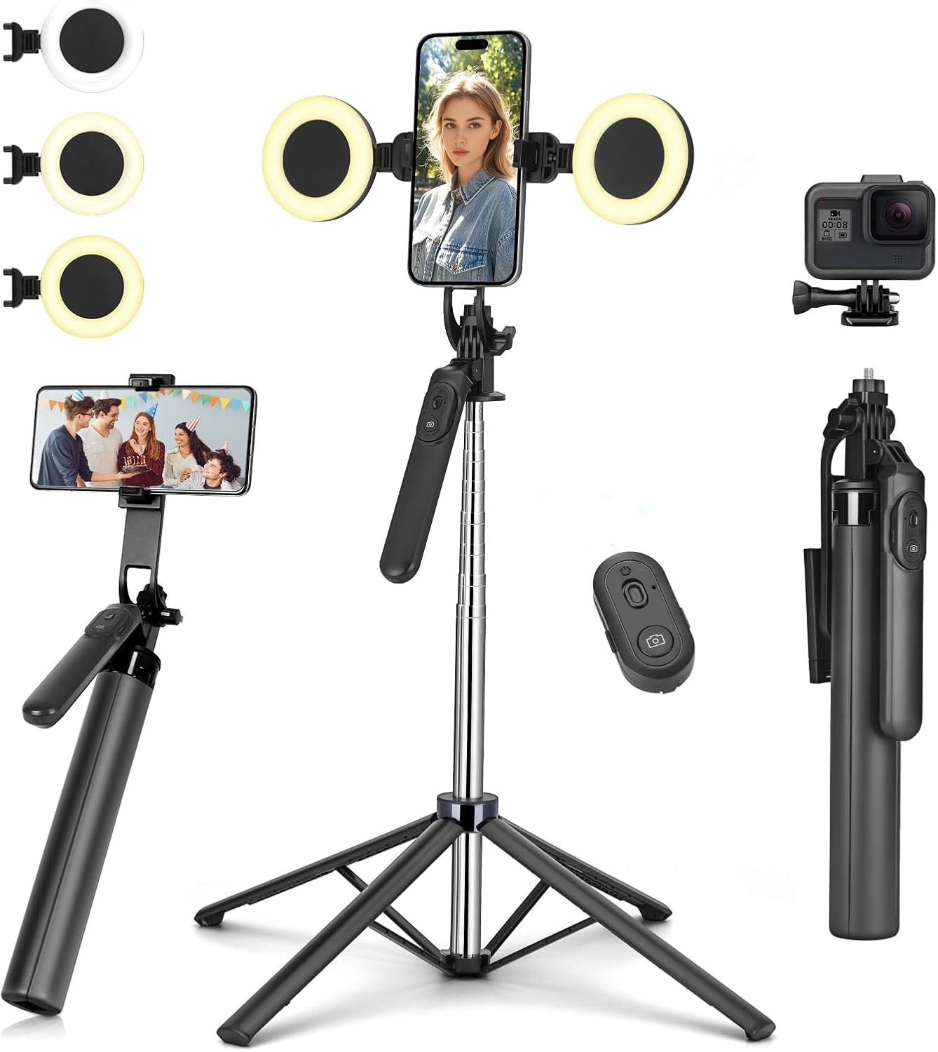 Metal Selfie Stick Tripod for iPhone with Light,70 inch Cellphone Selfiestick with Remote,Phone Tripod Holder for Video Recording,Portable Travel Selfie Stick Compatible with iPhone,Android and Gopro