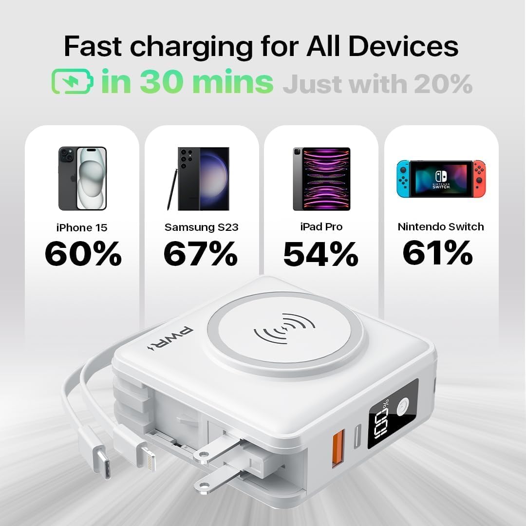 PWR Travel PRO 5-in-1 Power Bank – 10,000mAh with Built-in Cables – 20W USB-C + 15W Wireless Charging – Compact Portable Charger for iPhone & Android - White