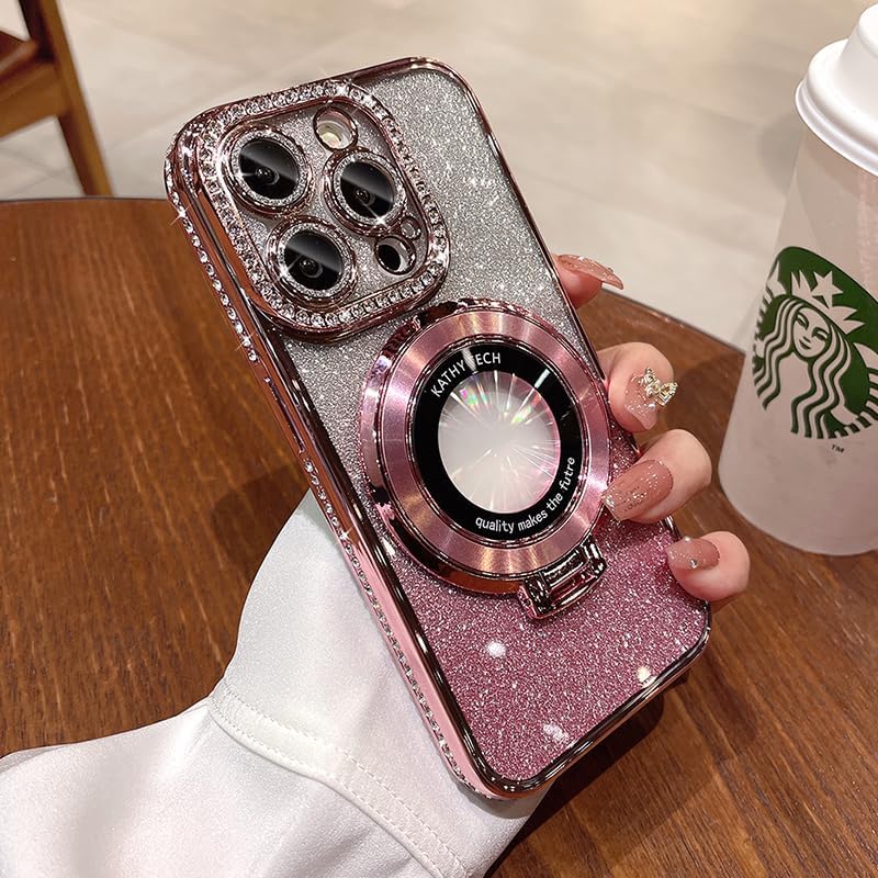 Magnetic Kickstand (Glitter Lens Protector ) Case for iPhone 16 15 14 13 Pro Max (Compatible with Magsafe ) Sparkling Diamond Cover Glitter Shiny Rhinestone Cases (Pink,for iPhone 16 Pro Max)
