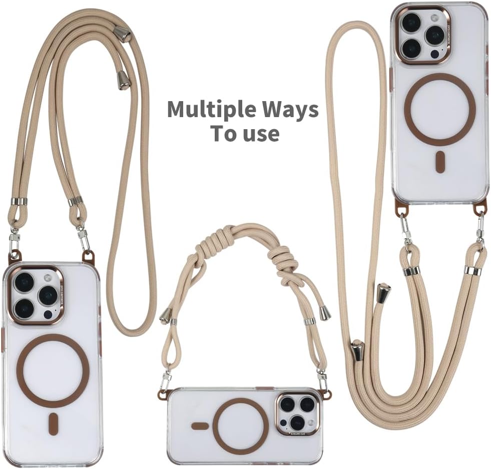 for iPhone 15 Pro Case with 62.99 inch Lanyard, Compatible with MagSafe, Shockproof Military-Grade Protection, Yellowing Resistant, Adjustable Strap Magnetic Phone Case, Classic Clear&Brown