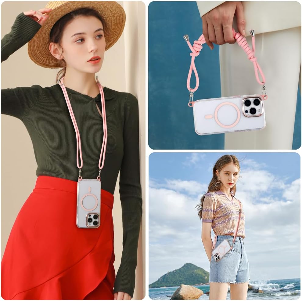 for iPhone 14 Pro Case with 62.99 inch Lanyard, Classic Clear&Pink Magnetic Phone Case, Drop&Shockproof Protection Cases, Phone Lanyard for Around The Neck, Compatible with Magnet Accessory