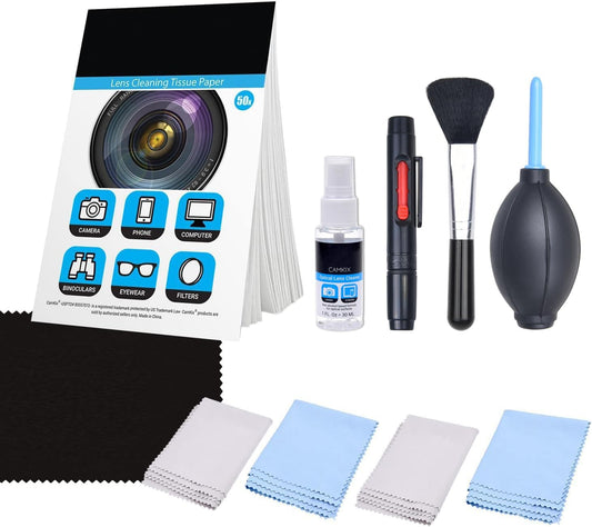 Camkix Camera Lens Cleaning Kit - Air Blower, 2in1 Lens Cleaning Pen, Cleaning Brush, Spray Bottle w/Cleaning Solution, Lens Cleaning Paper Tissue (50 Sheets), Microfiber Cleaning Cloths- for Lenses