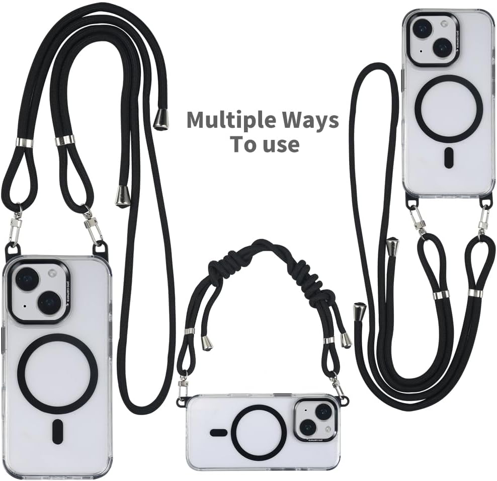 for iPhone 15 Case with 62.99 inch Lanyard, Classic Clear&Black Magnetic Phone Case, Drop&Shockproof Protection Cases, Phone Lanyard for Around The Neck, Compatible with Magnet Accessory