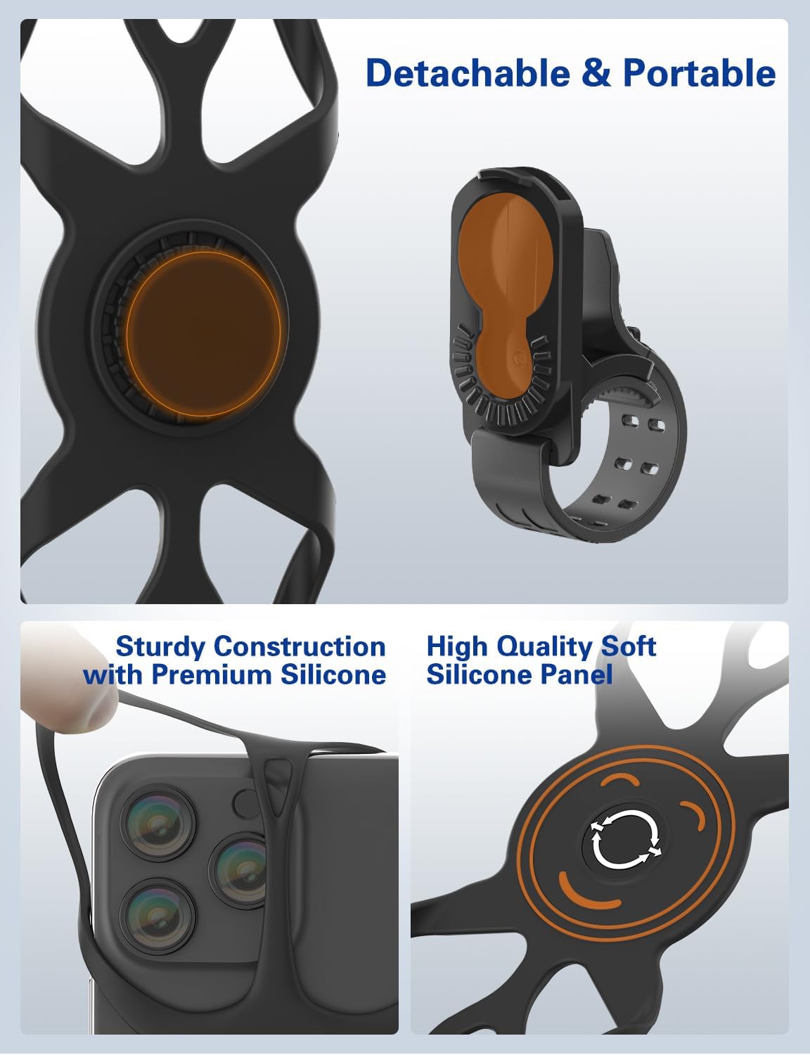 Bike Phone Holder, Motorcycle Cell Phone Mount- 360° Rotatable, Silicone Bicycle Phone Mount for Motorcycle Bicycle Scooter, for 15 Pro Max / 14/13, S10 and More 4.7-6.8" Phone"