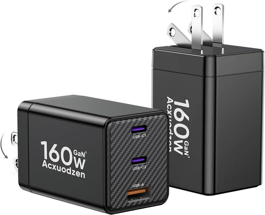 [2 Pack] USB C Charger Block 160W, 3-Port GaN Super Fast Charger, Dual 65W Type C Charging Block, Foldable QC3.0 Laptop Fast Charging Adapter for MacBook, iPhone, Samsung, Galaxy, iPad, Android, Black