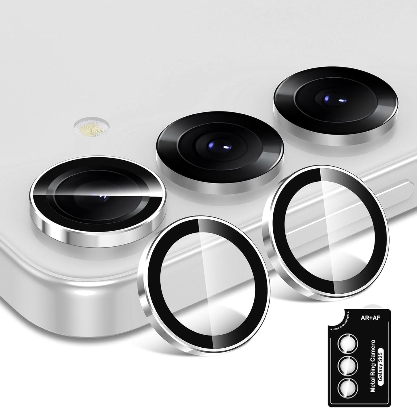 for Samsung Galaxy S25 Camera Lens Protector, Individual Metal Ring Tempered Glass Lens Cover, [Strong Adsorption] Scratch Resistant Ultra-Thin HD Clear Lens Cover, 1 Set-Slivery Ring