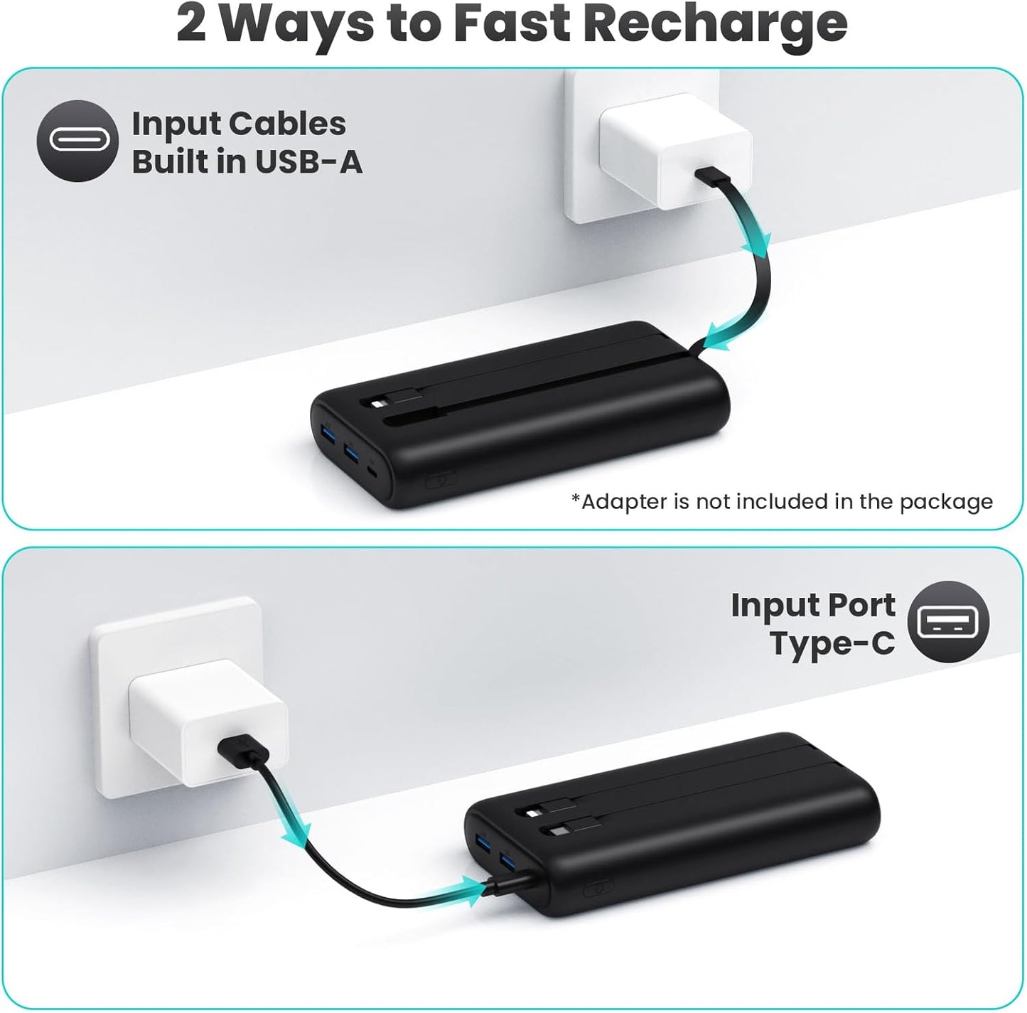 Portable Charger 40,800mAh Power Bank 25W Portable Battery Pack with 2 Built in Cables [2024 Upgraded], PD QC4.0 Fast Charging Portable Phone Charger Compatible with iPhone 16/15,Android Samsung-Black