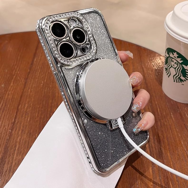 Magnetic Kickstand (Glitter Lens Protector ) Case for IPhone 15 14 13 12 Pro Max (Compatible with Magsafe ) Sparkling Diamond Cover Glitter Shiny Rhinestone Cases (Black,for iPhone 15 Pro Max)