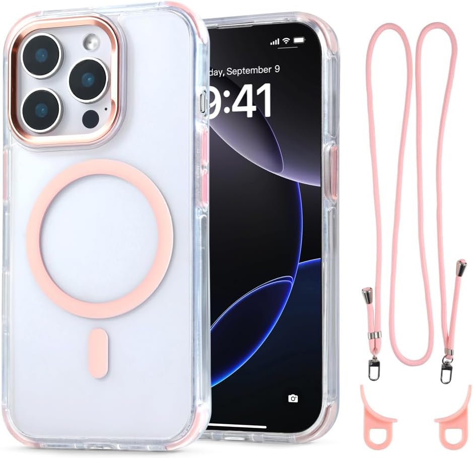 for iPhone 15 Pro Case with 62.99 inch Lanyard, Classic Clear&Pink Magnetic Phone Case, Drop&Shockproof Protection Cases, Phone Lanyard for Around The Neck, Compatible with Magnet Accessory