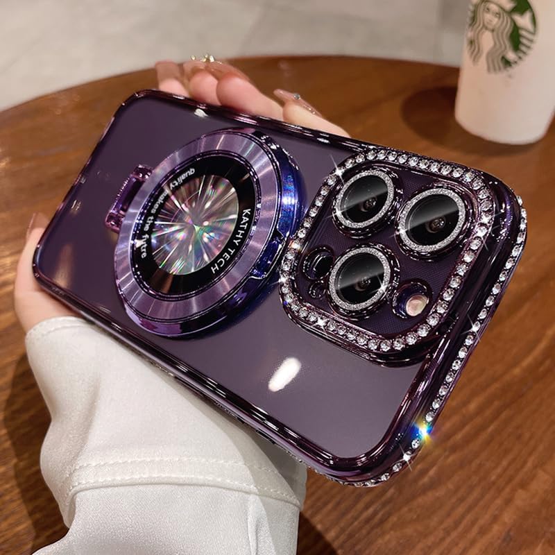 Magnetic Kickstand (Glitter Lens Protector ) Case for iPhone 15 14 13 12 Pro Max (Compatible with Magsafe ) Sparkling Diamond Cover Glitter Shiny Rhinestone Cases (Purple,for iPhone 13 Pro Max)