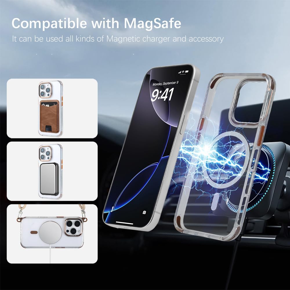 for iPhone 14 Pro Case with 62.99 inch Lanyard, Compatible with MagSafe, Shockproof Military-Grade Protection, Yellowing Resistant, Adjustable Strap Magnetic Phone Case, Classic Clear&Brown