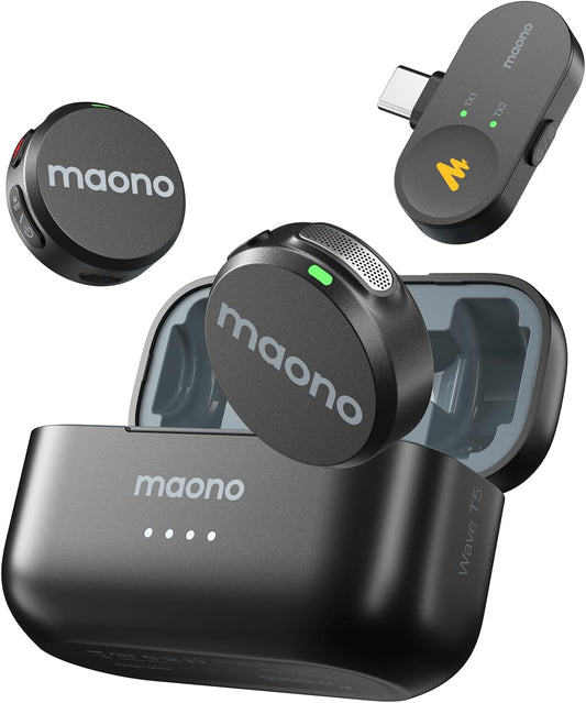 MAONO Wireless Lavalier Microphone for iPhone 16/15/Android/Tablet, USB C Plug Mini Mic with 48KHz 24Bit, 300m Range, Voice Filter, Noise Cancellation, 30H Use for Video Recording, Streaming - Wave T5