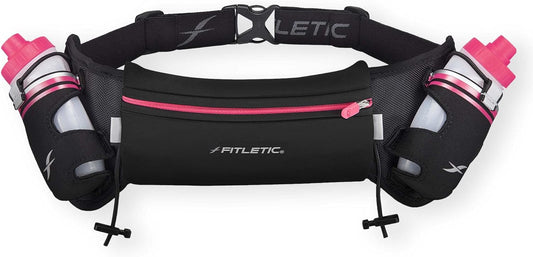 Fitletic Hydration Running Belt with Water Bottles for Men & Women – 2 Quick Flow 8oz Running Water Bottles, Patented Bounce Free Design, Water Resistant Pouch Fits All Phones – Hydra 16