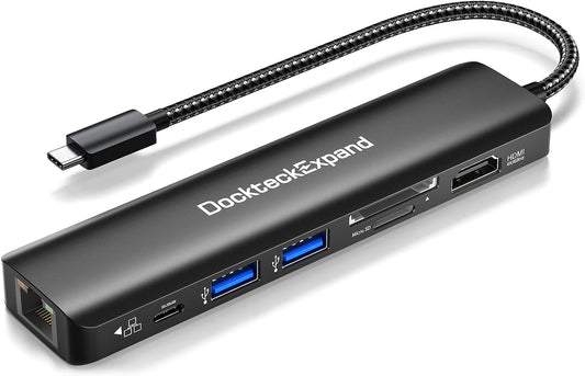USB C Hub Multiport Adapter, DockteckExpand USB C Dongle 7 in 1 with 4K 60Hz HDMI Port, 1Gbps Ethernet, 100W PD, 2 USB 3.0 Ports, SD/TF Card Reader for MacBook iPad HP Dell XPS and More