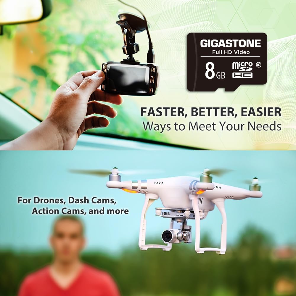 Gigastone 8GB Micro SD Card, FHD Video, Surveillance Security Cam Action Camera Drone Professional, 80MB/s Micro SDHC Class 10