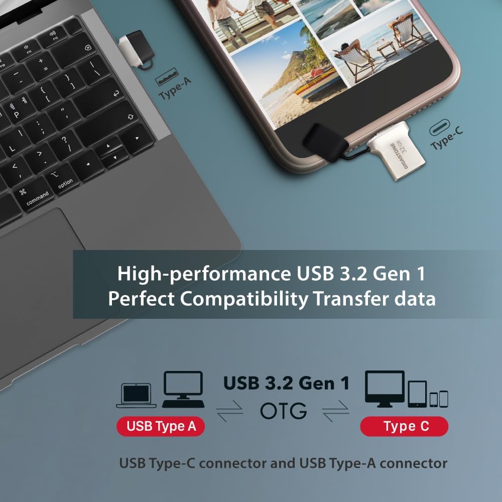 GIGASTONE 32GB Nano Luxus Dual Drive (5 Pack) Z50 USB 3.2 Gen 1, 2-in-1 USB-A & Type-C, 100MB/s Ultra Fast, Cap Design, Metal, Plug & Play for Smartphone/PC/Mac/TV/Car, 2.0/3.0/3.1 Compatible
