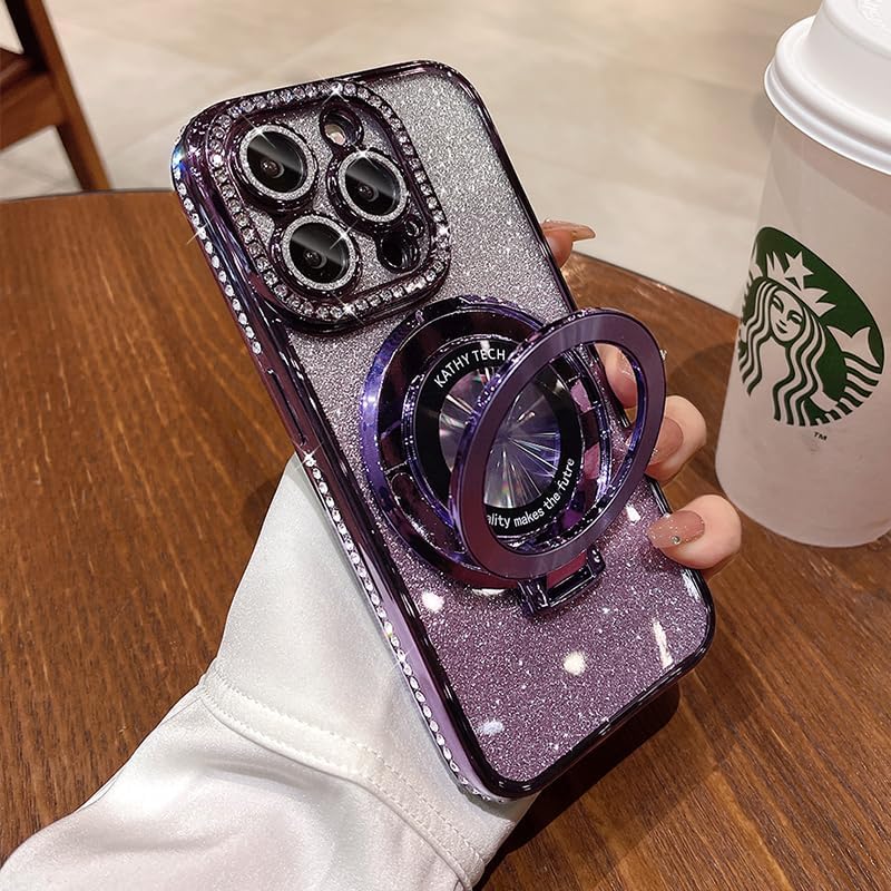 Magnetic Kickstand (Glitter Lens Protector ) Case for iPhone 15 14 13 12 Pro Max (Compatible with Magsafe ) Sparkling Diamond Cover Glitter Shiny Rhinestone Cases (Purple,for iPhone 13 Pro Max)